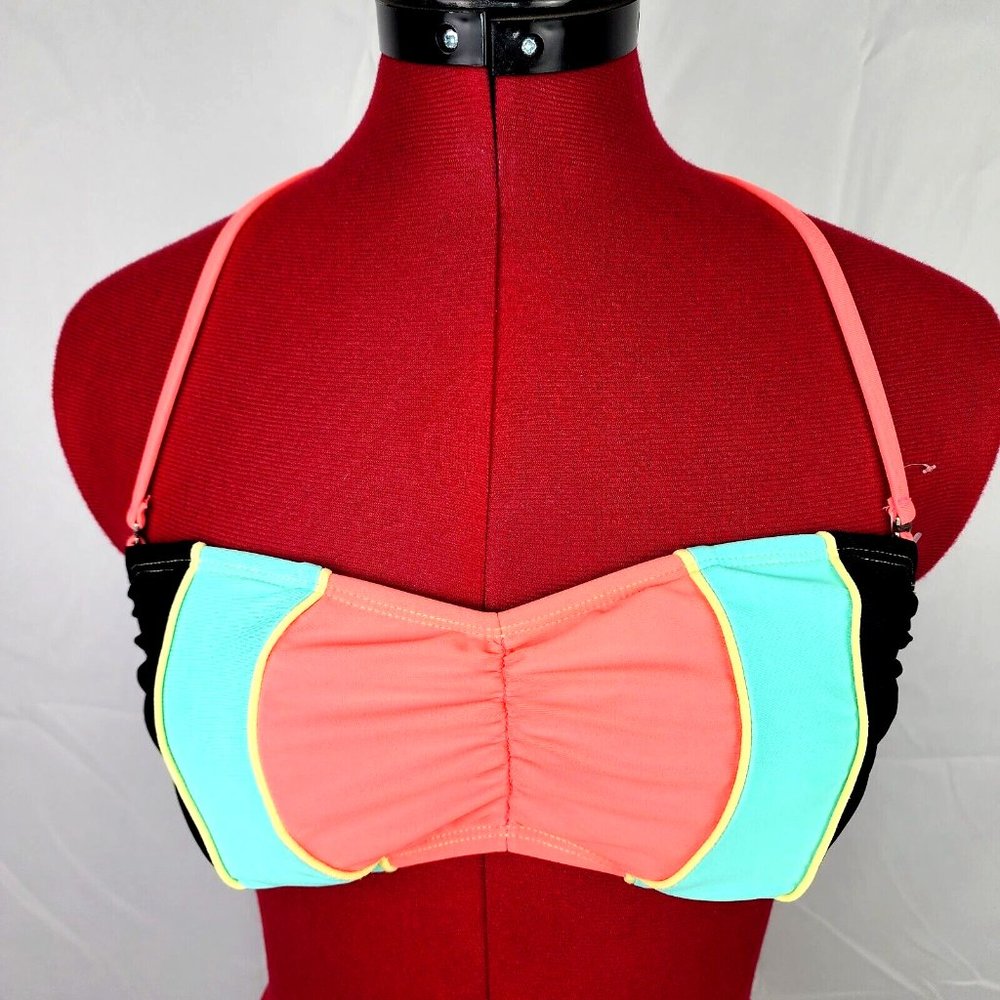 Hobie Brand Pink Blue & Black Removable Halter Bikini Top w/ Zipper - M - NWOT